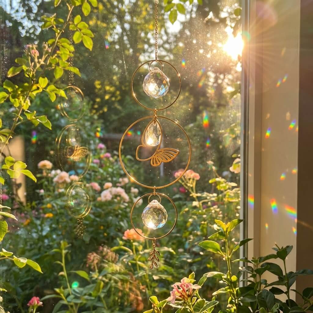 A gold butterfly suncatcher with delicate hanging crystals that scatter vibrant rainbow light across the room as sunlight passes through