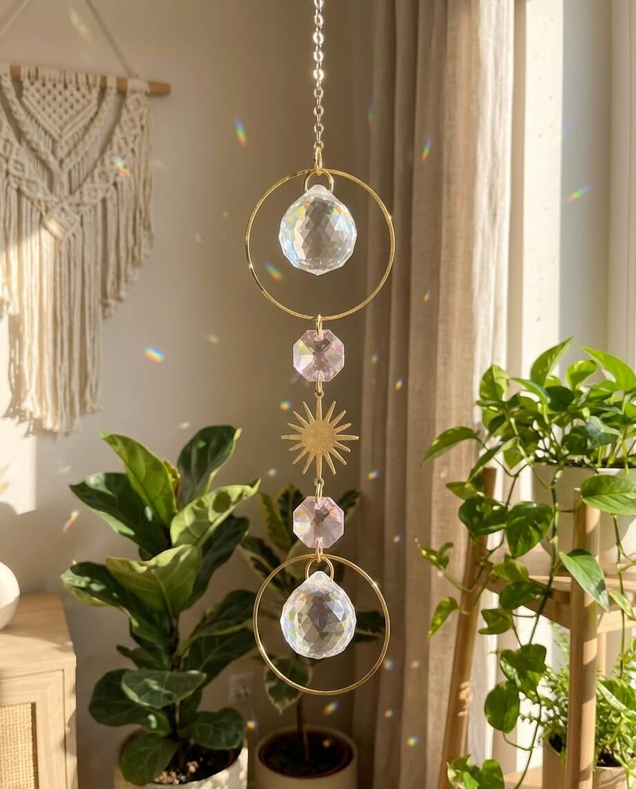 Decorative hanging crystal with plants and macrame wall art in the background