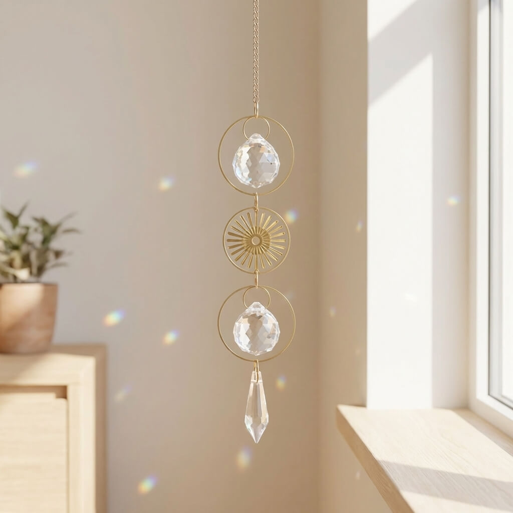 Decorative hanging crystal with gold chain in a bright room with a plant and window.