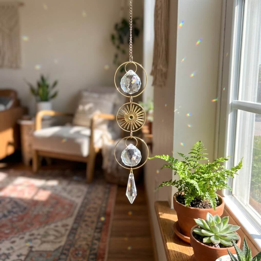 Decorative hanging crystal in a living room with plants and a window.