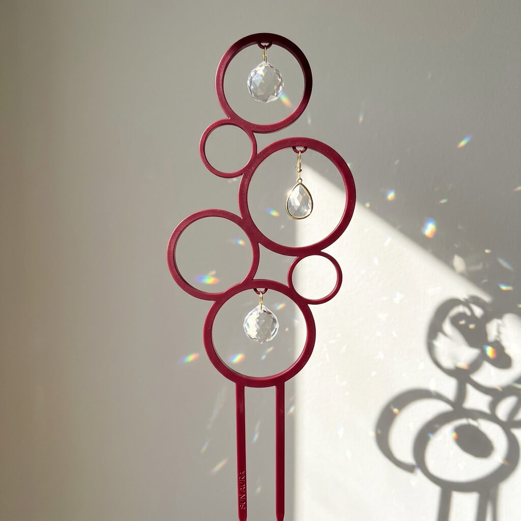 Decorative sun catcher with red circular design and crystal beads on a plain background