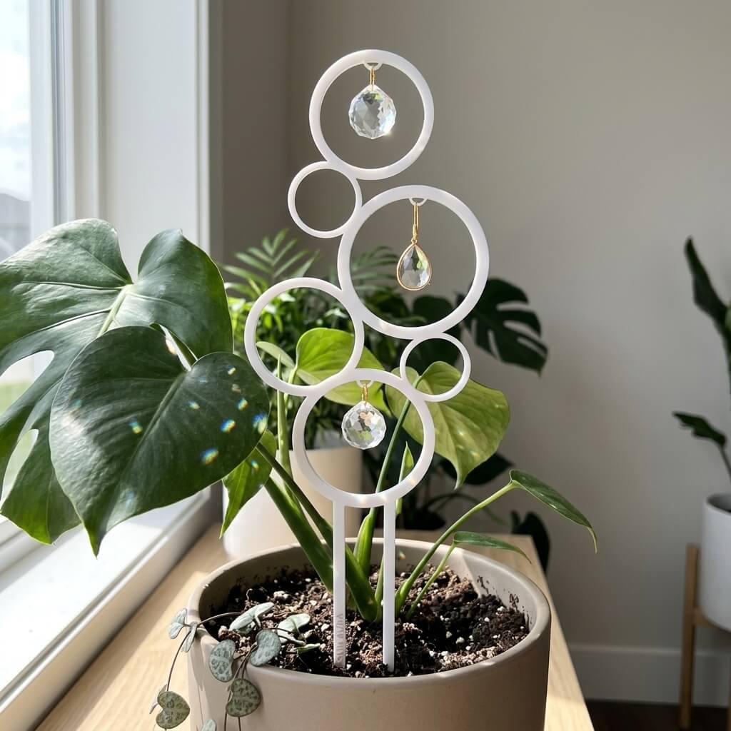 Potted plant with decorative white stand and crystal decorations by a window.
