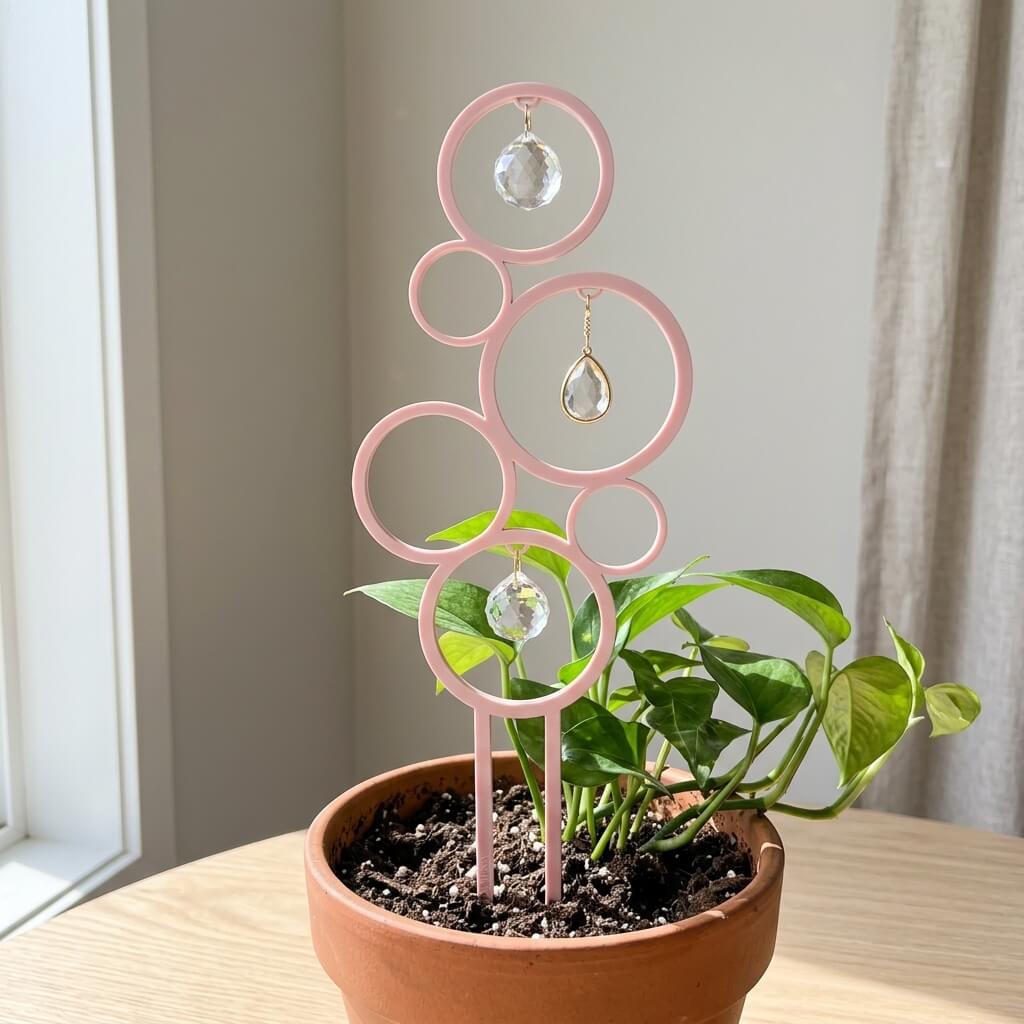 Pink circular plant stake with crystals in a pot on a windowsill