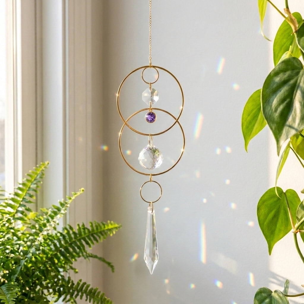Decorative hanging crystal with gold loops and a Amethyst gemstone, placed indoors with plants.