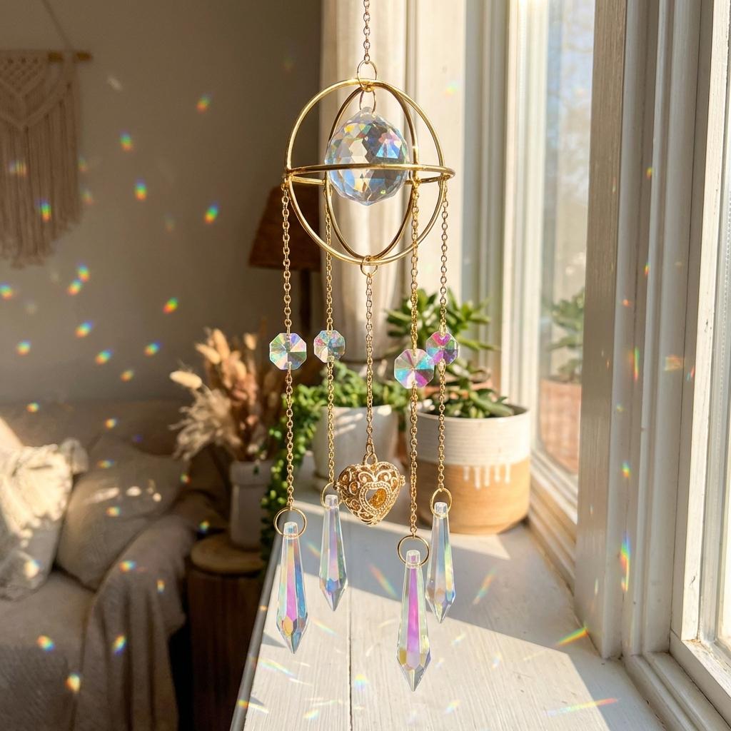 Decorative crystal ball with chain in a sunlit room with plants and a sofa.