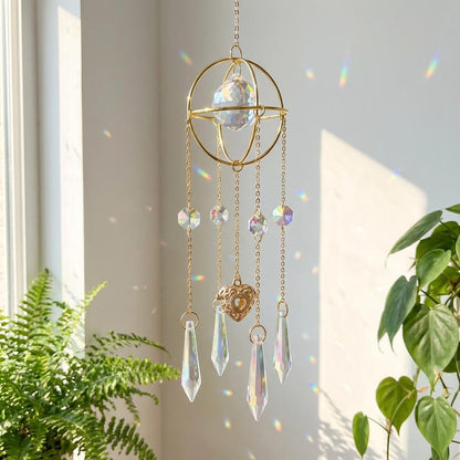 Decorative hanging crystal with gold accents in a bright room with plants.