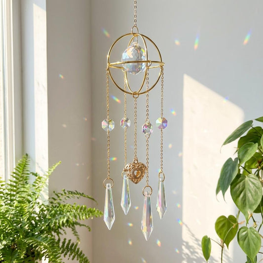 Decorative hanging crystal with gold accents in a bright room with plants.