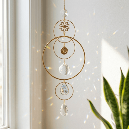 Decorative hanging crystal with gold loops and clear stones on a light background