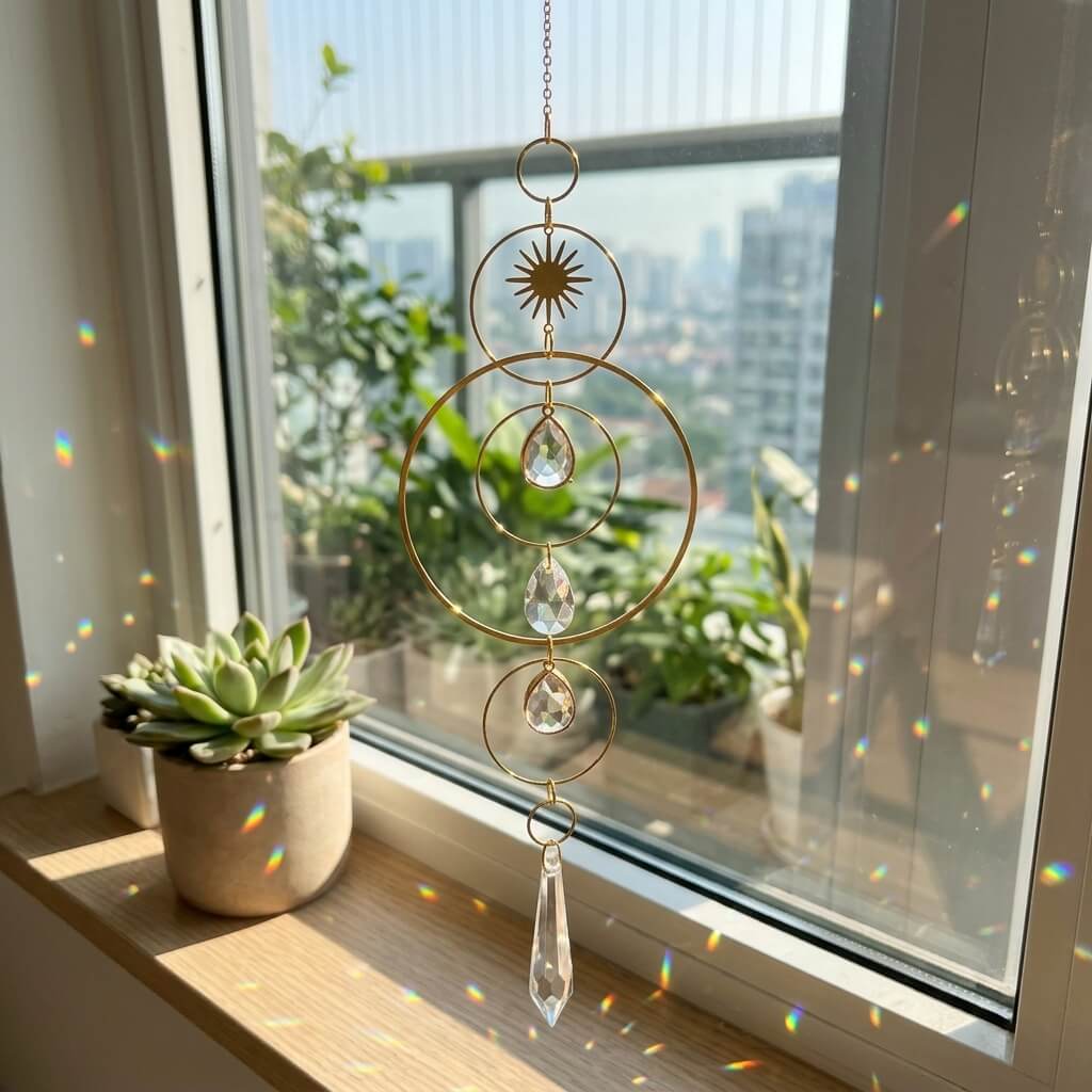 A gold-toned circular suncatcher with clear crystal teardrop drops hangs in front of a window, with sunlight casting rainbow reflections on the glass and onto a wooden windowsill with a small potted succulent nearby.