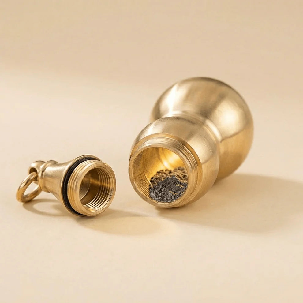 Gold-colored metal components on a beige background