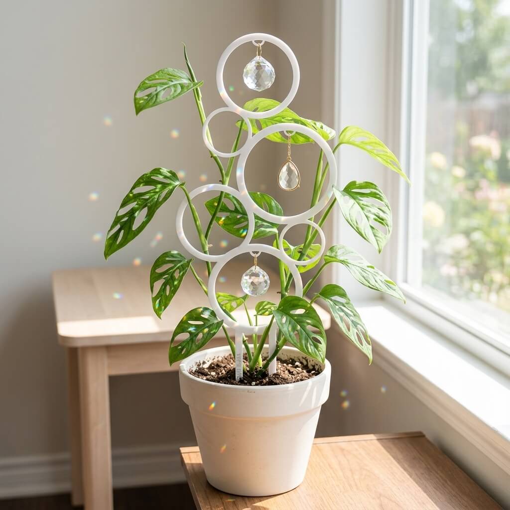Potted plant with a decorative white spiral trellis on a wooden surface near a window.