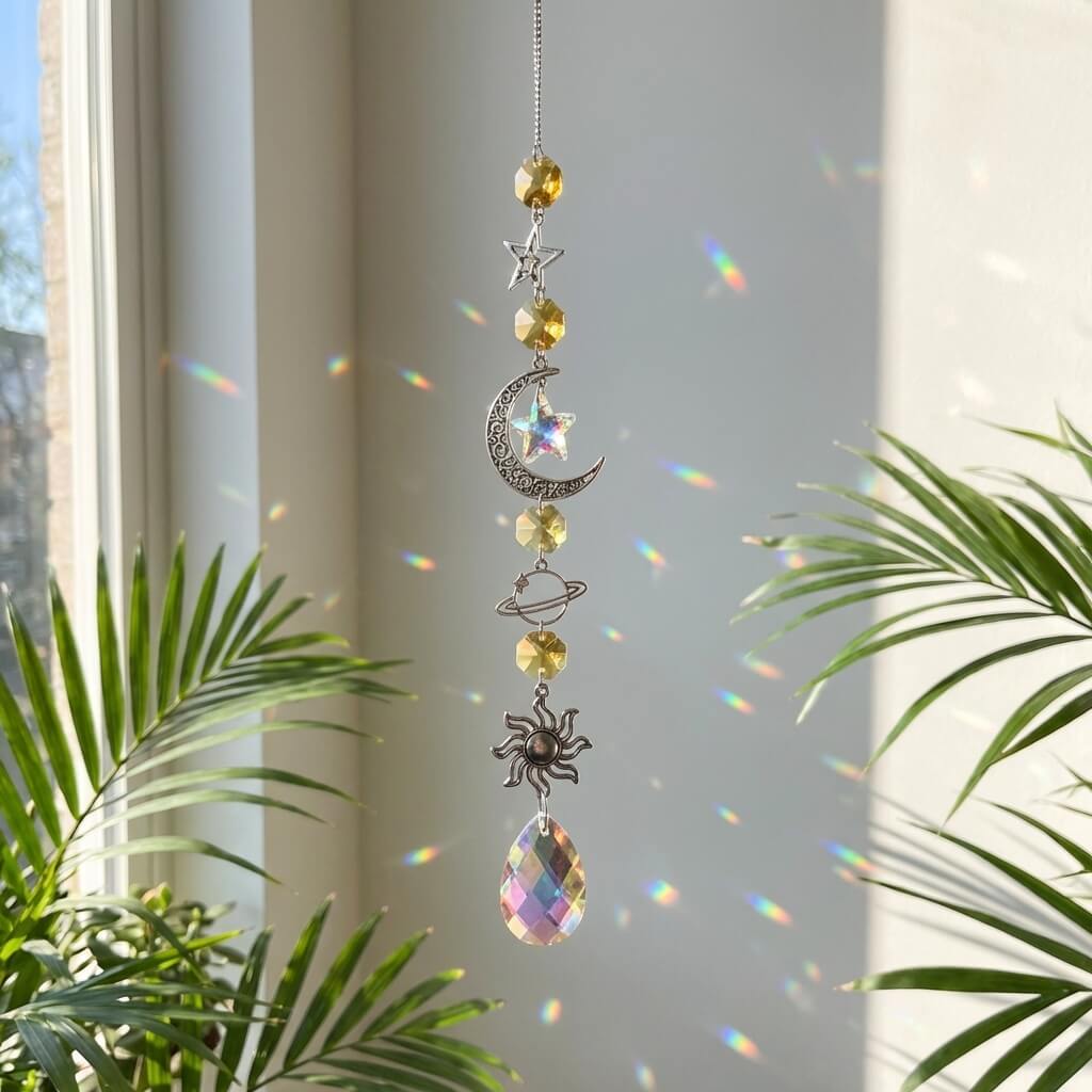 Decorative hanging crystal with celestial designs in front of a window with plants.